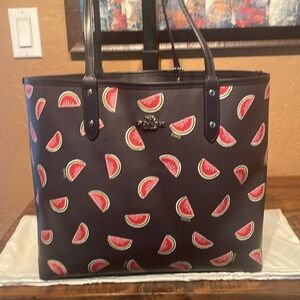Coach Reversible Watermelon Print Black Pebbled Leather Tote EUC